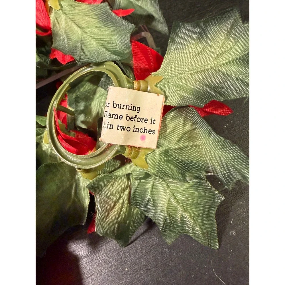 Vintage Christmas Poinsettia Candle Rings Red Silk Floral Silver Pinecones Set 4